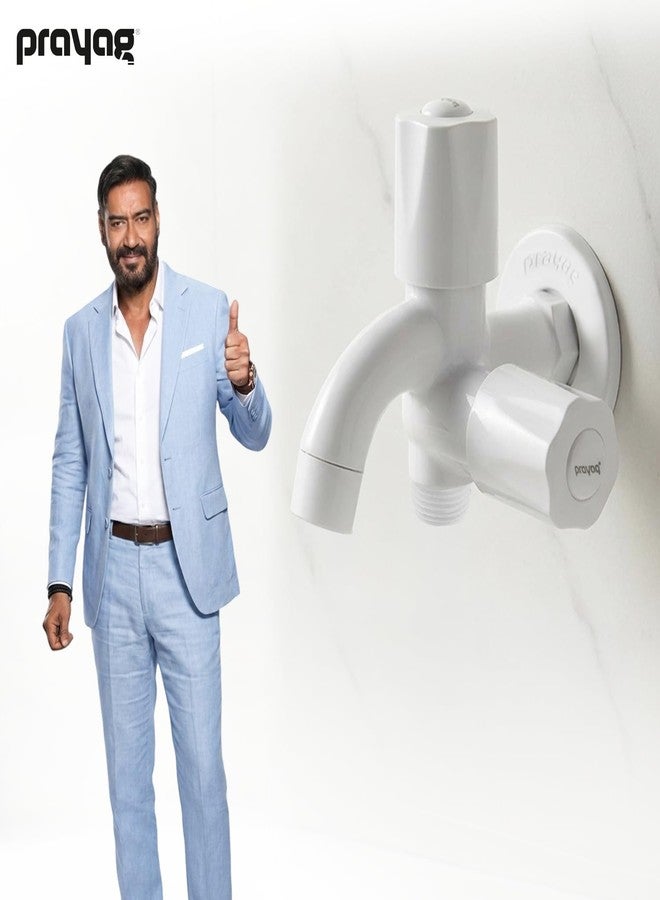 Prayag® Grand Series 2 Way Bib Cock 15mm with Flange | 5-Years Manufacturer Warranty | Wall Mount Dual Outlet Tap | Durable PTMT Plastic Tap for Bathroom - (White) - Image 2