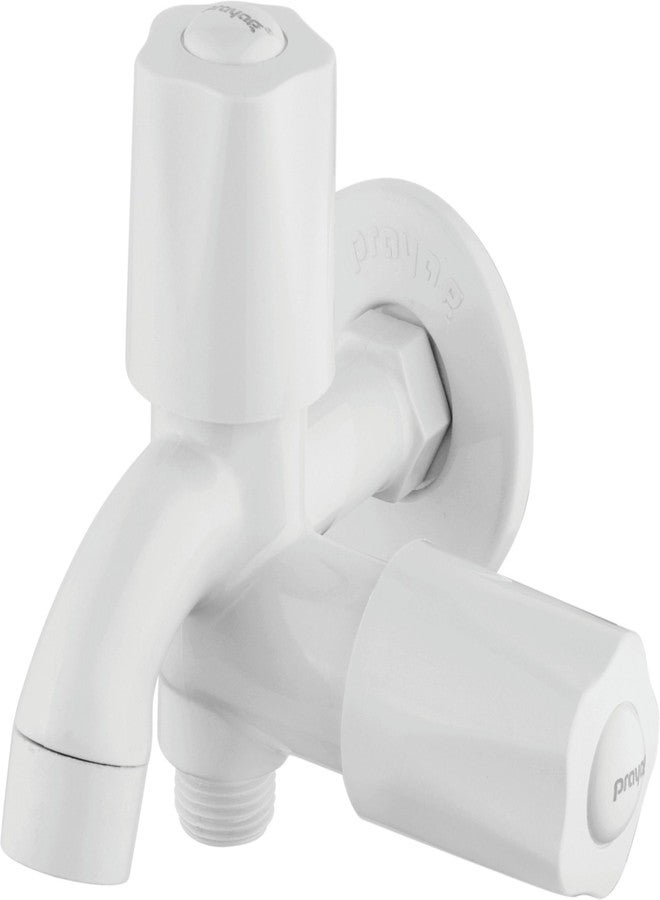 Prayag® Grand Series 2 Way Bib Cock 15mm with Flange | 5-Years Manufacturer Warranty | Wall Mount Dual Outlet Tap | Durable PTMT Plastic Tap for Bathroom - (White) - Image 1