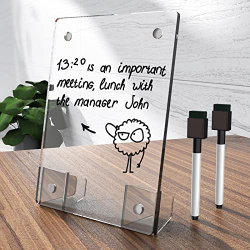 NiOffice Clear Acrylic White Board 8x6 Inches, Frameless Desktop Dry Erase Board with Flexible Magnetic Stand and Markers, Mini Whiteboard Desk Accessories for Women, Home, Office, School - Image 1