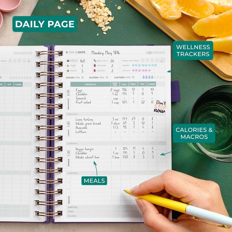 Clever Fox Food Journal Spiral - Daily Food Diary, Meal Prep Planner to Track Calories & Nutrients, Weight Loss Tracker Notebook (Purple) - Image 4