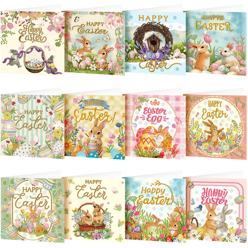 Saillong 12 Pack Vintage Easter Diamond Painting Greeting Card Kits DIY Easter Diamond Art Card with Envelope Spring Bunny Egg 5D Rhinestones Painting Making Kit for Adult DIY Craft Family Friend Gift - Image 1