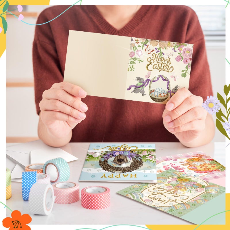 Saillong 12 Pack Vintage Easter Diamond Painting Greeting Card Kits DIY Easter Diamond Art Card with Envelope Spring Bunny Egg 5D Rhinestones Painting Making Kit for Adult DIY Craft Family Friend Gift - Image 3