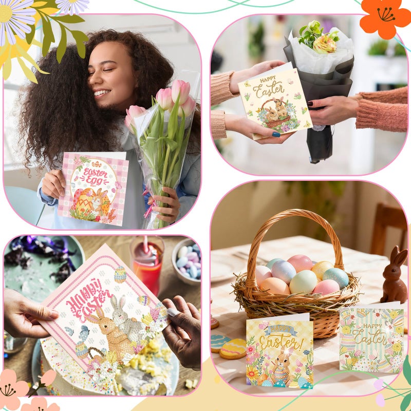Saillong 12 Pack Vintage Easter Diamond Painting Greeting Card Kits DIY Easter Diamond Art Card with Envelope Spring Bunny Egg 5D Rhinestones Painting Making Kit for Adult DIY Craft Family Friend Gift - Image 5