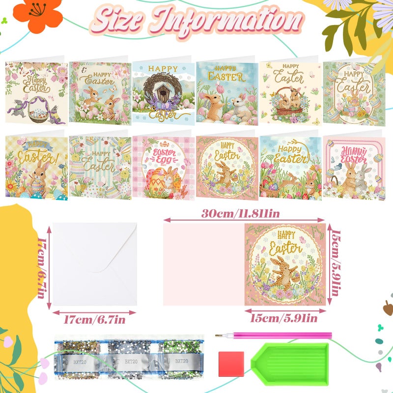 Saillong 12 Pack Vintage Easter Diamond Painting Greeting Card Kits DIY Easter Diamond Art Card with Envelope Spring Bunny Egg 5D Rhinestones Painting Making Kit for Adult DIY Craft Family Friend Gift - Image 4
