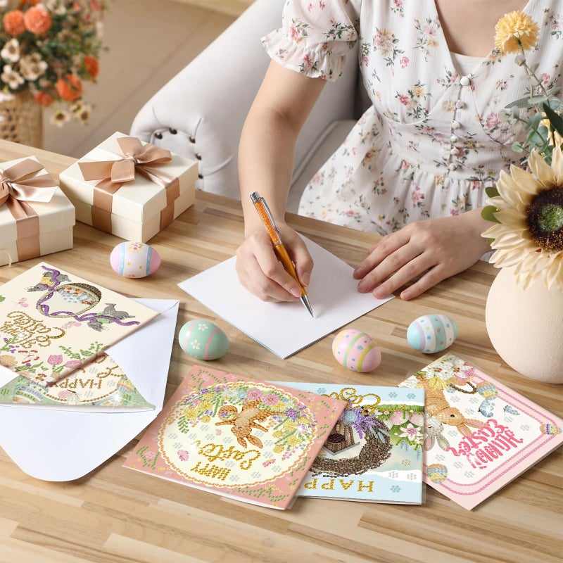 Saillong 12 Pack Vintage Easter Diamond Painting Greeting Card Kits DIY Easter Diamond Art Card with Envelope Spring Bunny Egg 5D Rhinestones Painting Making Kit for Adult DIY Craft Family Friend Gift - Image 2