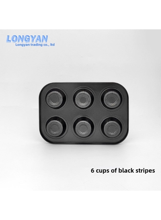 Cake Mold Non-stick 6-Piece 4-piece Cup Round Coated Baking Pan Flat Flower Donut Baking Pan Mold-Specifications:6 Cups Black Stripes - Image 1