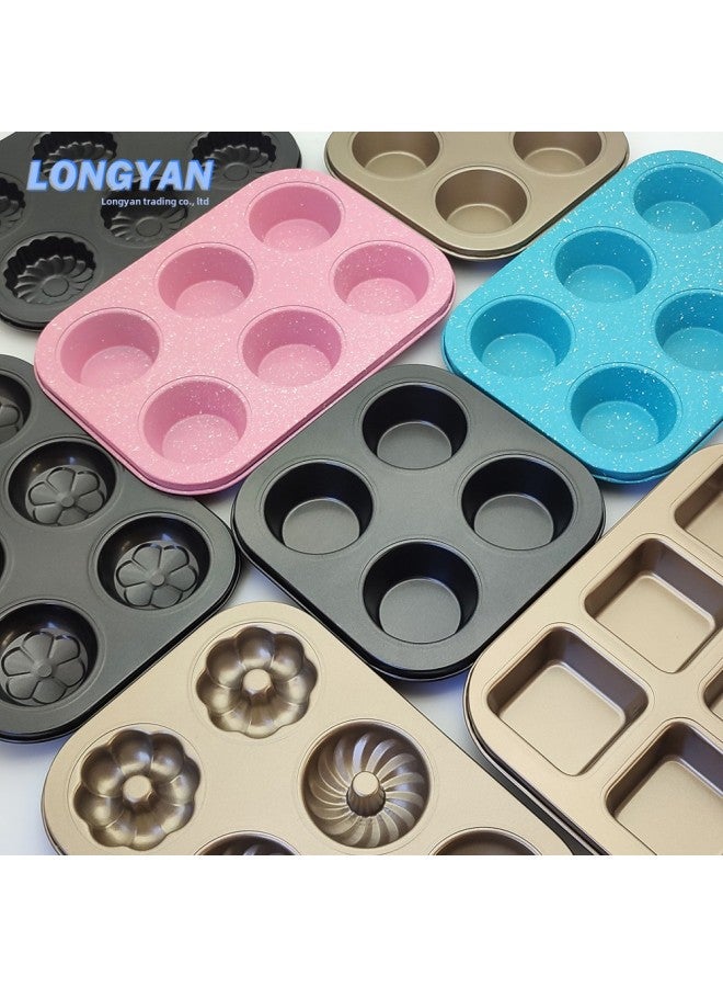 Cake Mold Non-stick 6-Piece 4-piece Cup Round Coated Baking Pan Flat Flower Donut Baking Pan Mold-Specifications:6 Cups Black Stripes - Image 2