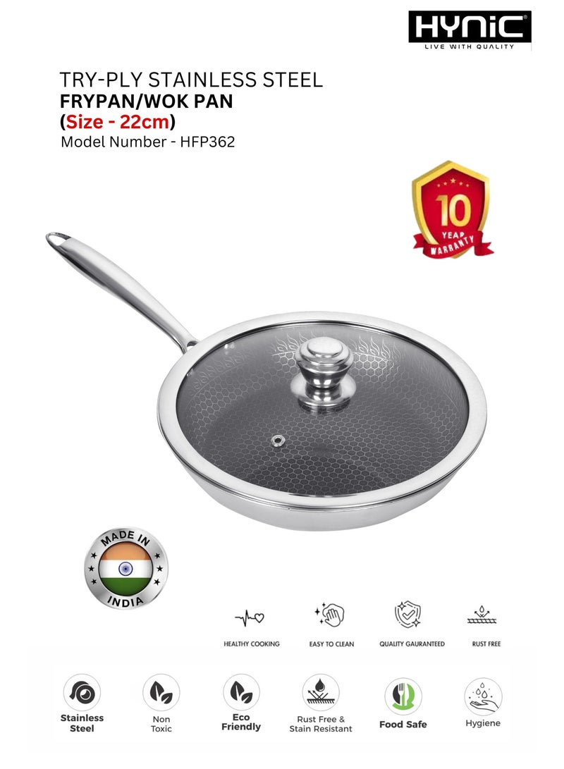 Hynic Tri-Ply Stainless Steel Frypan/Wok Pan, 22cm Honeycomb Non-Stick Induction Compatible Cookware, Durable & Rust-Free - Image 1