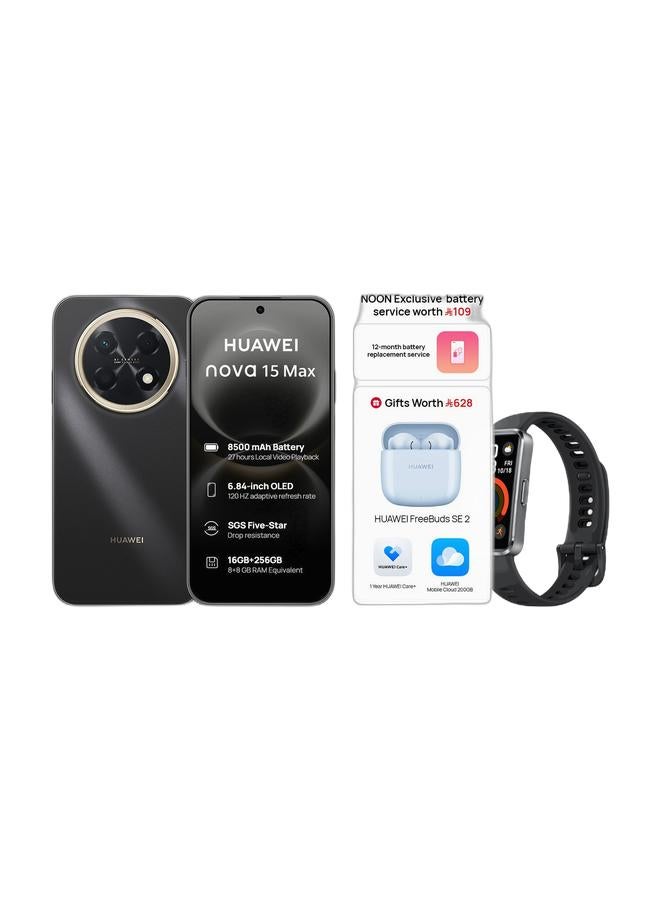 HUAWEI nova 15 Max Dual SIM Golden Black Smartphone 8+8GB RAM + 256GB with Free FreeBuds SE 2 & Exclusive Battery Service & 1 Year HUAWEI Care (Virtual)  - Middle East Version & Band 10 Smartwatch, Metallic Design, iOS Android, Pro-Level Sleep Analysis, Fast Charging And Robust Battery Life, Sleek Aluminum Alloy Case Matte Black Bundle - Image 1