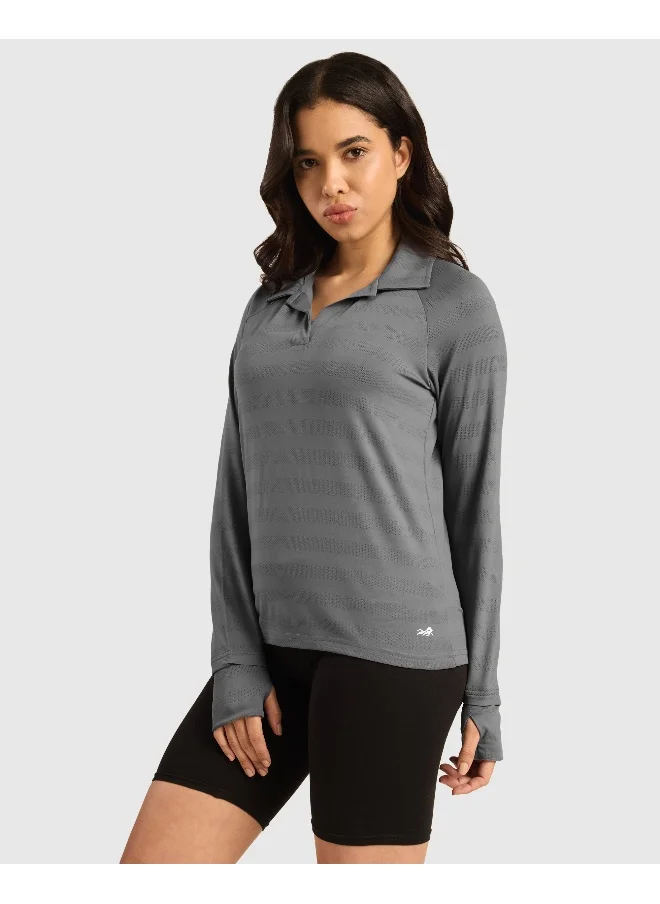 Musclemind Women's Vogue Polo Full Sleeve T-Shirt with Smart Collar, Breathable Fabric, Thumbholes, Raglan Sleeves (Black)