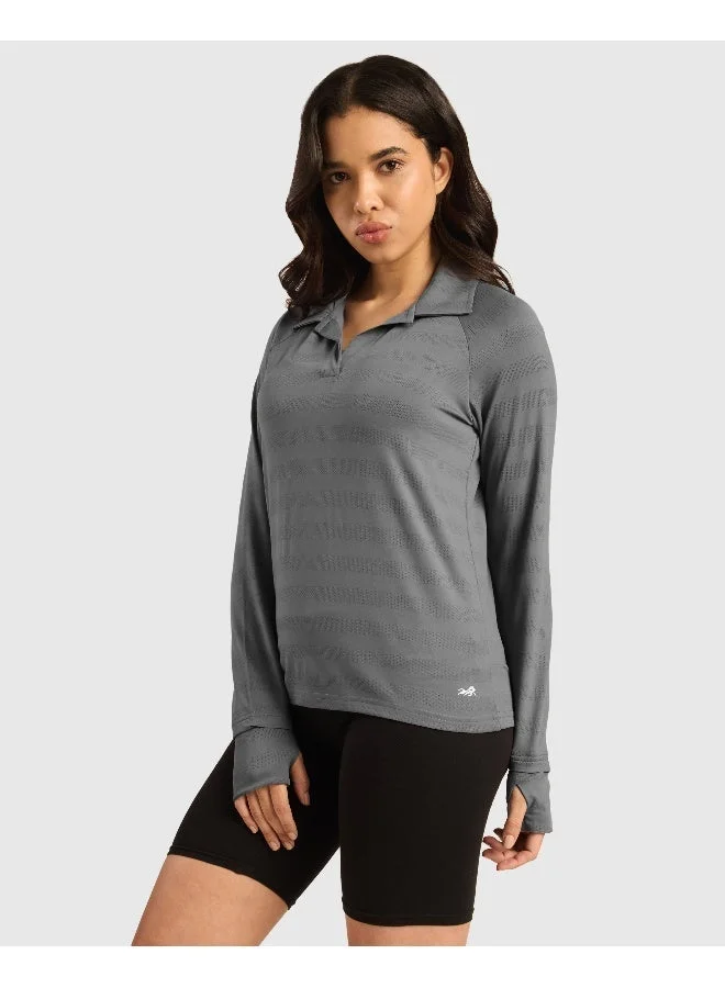 Musclemind Women's Vogue Polo Full Sleeve T-Shirt with Smart Collar, Breathable Fabric, Thumbholes, Raglan Sleeves (Black)