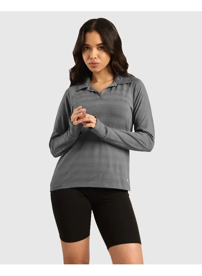 Musclemind Women's Vogue Polo Full Sleeve T-Shirt with Smart Collar, Breathable Fabric, Thumbholes, Raglan Sleeves (Black)