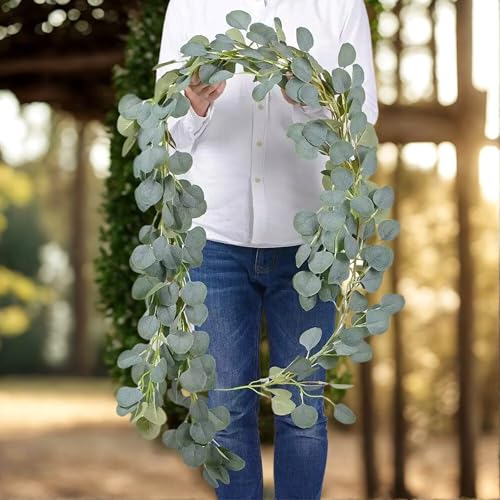 Tdas Artificial Eucalyptus Garland Plant Leaves Hanging Flower Home Décor Faux Silk Leaf Silver Dollar Vines Handmade Greenery Wedding Backdrop Indoor Outdoor Arch Wall Decoration - 1 Pc (Green) - Image 5