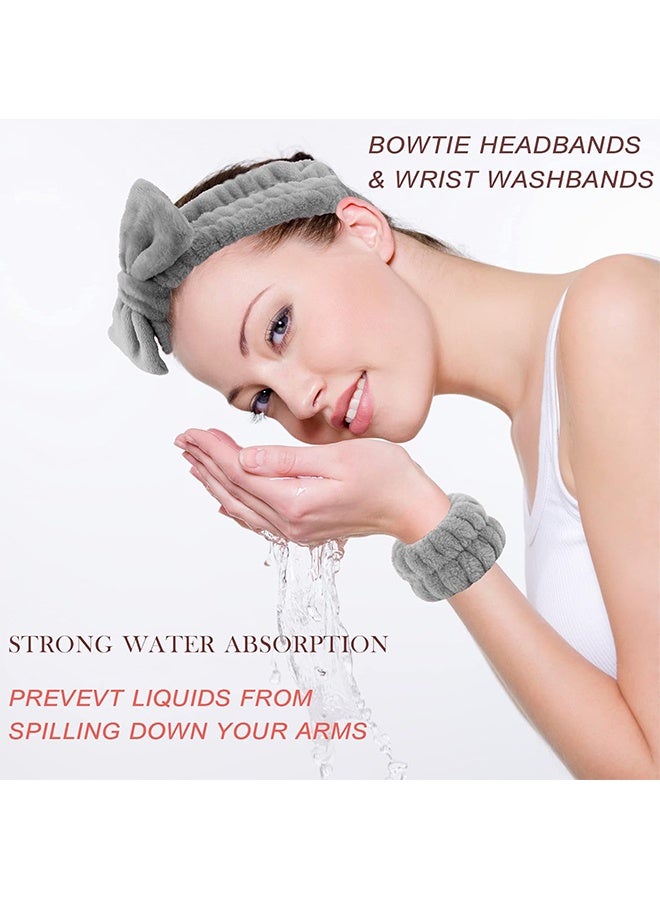 طقم من 6 قطع من عصابة الرأس وعصابة المعصم، عصابة رأس للمنتجات العناية بالبشرة لغسل الوجه، عصابة معصم للسيدات والفتيات لمنع تسرب السوائل من الذراعين (أسود ورمادي) - Image 3
