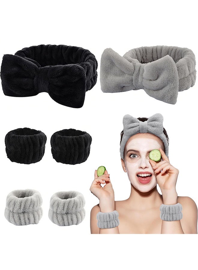 طقم من 6 قطع من عصابة الرأس وعصابة المعصم، عصابة رأس للمنتجات العناية بالبشرة لغسل الوجه، عصابة معصم للسيدات والفتيات لمنع تسرب السوائل من الذراعين (أسود ورمادي) - Image 1