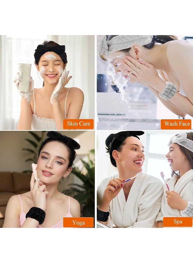 طقم من 6 قطع من عصابة الرأس وعصابة المعصم، عصابة رأس للمنتجات العناية بالبشرة لغسل الوجه، عصابة معصم للسيدات والفتيات لمنع تسرب السوائل من الذراعين (أسود ورمادي) - Image 5