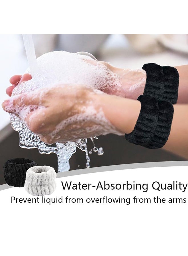طقم من 6 قطع من عصابة الرأس وعصابة المعصم، عصابة رأس للمنتجات العناية بالبشرة لغسل الوجه، عصابة معصم للسيدات والفتيات لمنع تسرب السوائل من الذراعين (أسود ورمادي) - Image 2