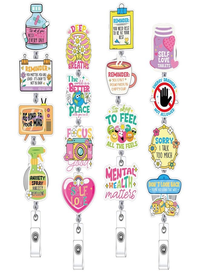 Ferreve 16 Pcs Badge Reel Holder Funny Badge Reels Retractable Mental Health Badge Reel Nurse Badge Clip Badge Reel Holder for Nursing Doctor Medical Office Worker Teacher Student Name Tag Card - Image 1