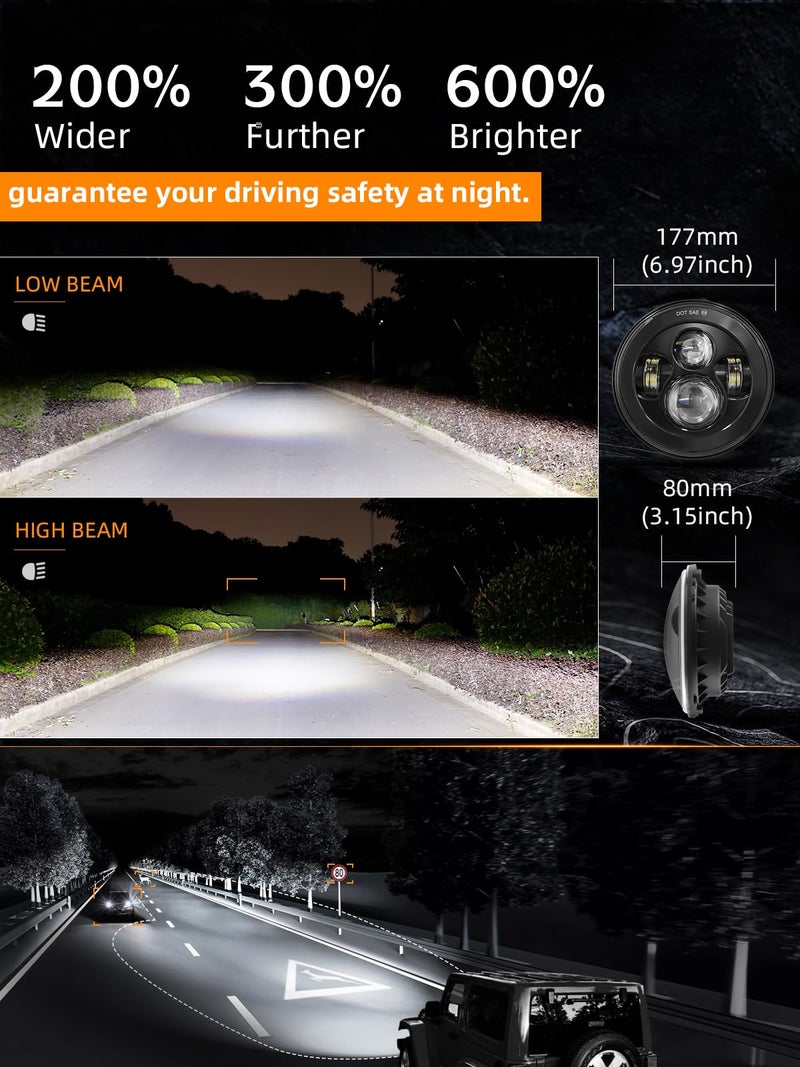 UNI-SHINE 2pcs Projector 7 Inch LED Headlights Hi/Lo Beam 7â€™â€™ Round Headlight H6024 LED Headlight Compatible with Jeep Wrangler JK CJ TJ fit for Miata, Chevy S2 - Image 4