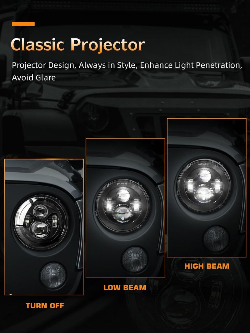 UNI-SHINE 2pcs Projector 7 Inch LED Headlights Hi/Lo Beam 7â€™â€™ Round Headlight H6024 LED Headlight Compatible with Jeep Wrangler JK CJ TJ fit for Miata, Chevy S2 - Image 3