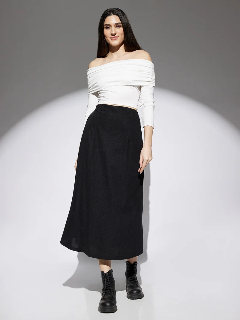 globus Globus Women Black Self Design Mid Rise Flared A-Line Midi Skirt