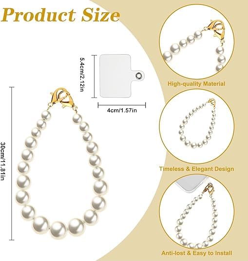 KHOLAD Universal Mobile Phone Chain & Lanyard Phone Charm With Beaded Pearl, Cell Phone Lanyard With Tether Tab, Phone Chain Strap, Hands-Free Wrist Strap, Off-White Phone Strap For Women - Image 3