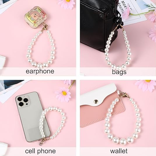 KHOLAD Universal Mobile Phone Chain & Lanyard Phone Charm With Beaded Pearl, Cell Phone Lanyard With Tether Tab, Phone Chain Strap, Hands-Free Wrist Strap, Off-White Phone Strap For Women - Image 5