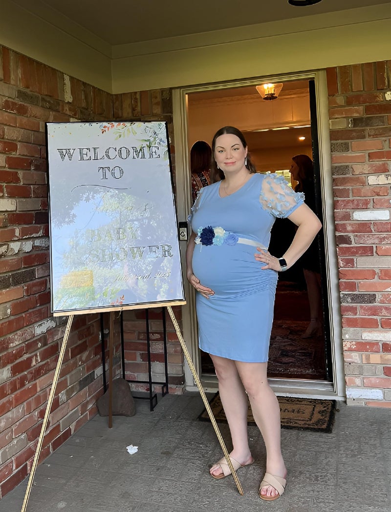 LAHILO Floral Mesh Bishop Short Sleeve Maternity Midi Dress, Summer Maternity Bodycon Dress for Baby Shower - Image 3