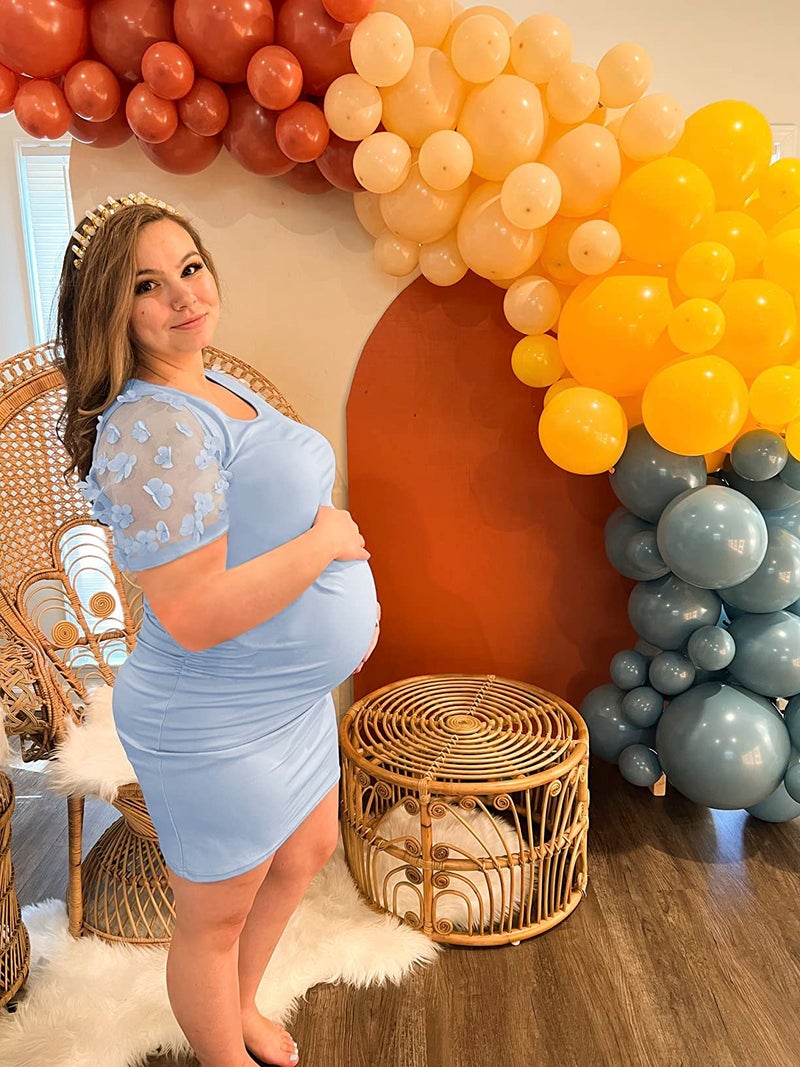 LAHILO Floral Mesh Bishop Short Sleeve Maternity Midi Dress, Summer Maternity Bodycon Dress for Baby Shower - Image 2