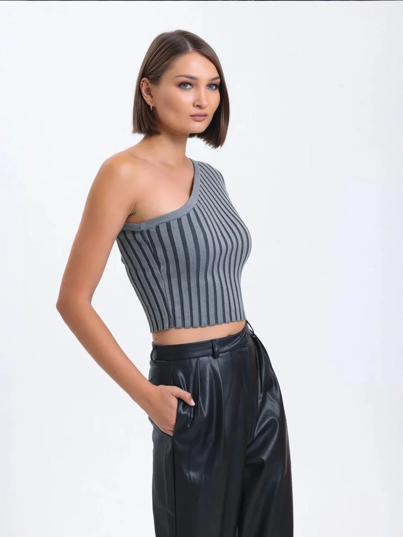 HICCUP Striped One Shoulder Knitted Ribbed Cropped Blouse