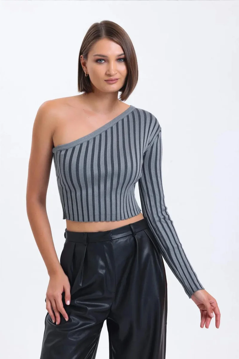 Hiccup Striped One Shoulder Knitted Ribbed Cropped Blouse