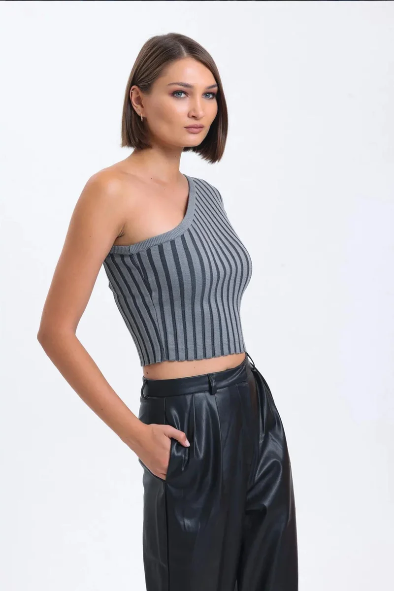 Hiccup Striped One Shoulder Knitted Ribbed Cropped Blouse
