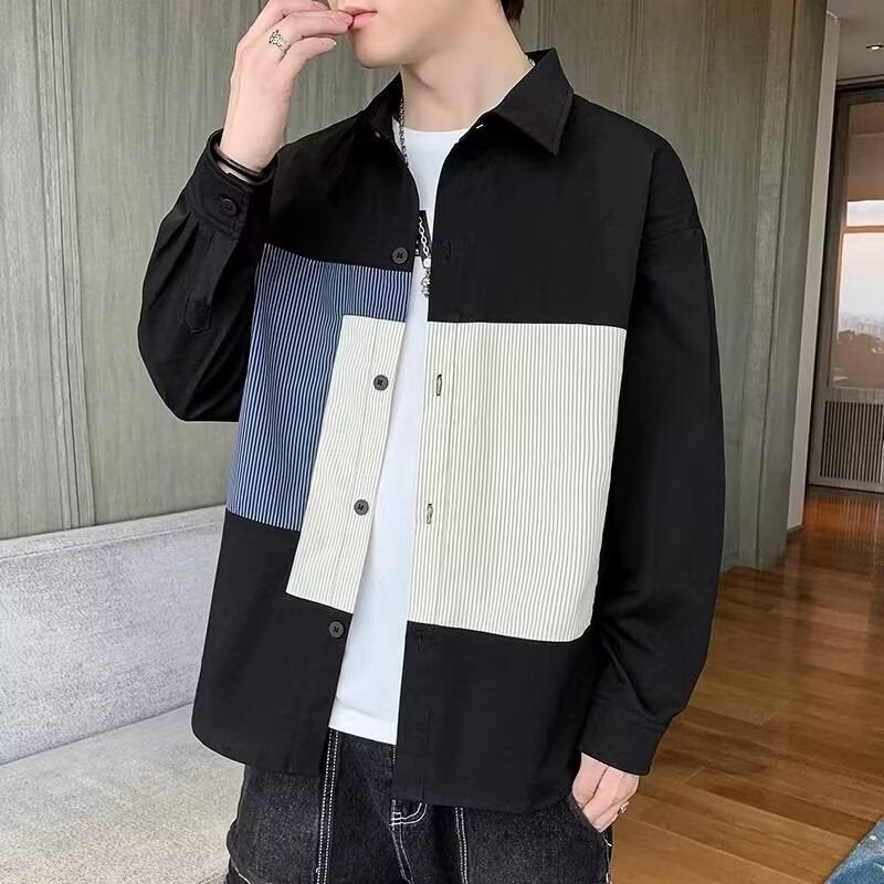 American retro shirt mens long-sleeved spring fashion brand contrast color stitching workwear shirt design sense Ruan Shuai fried street coat Black - Image 1