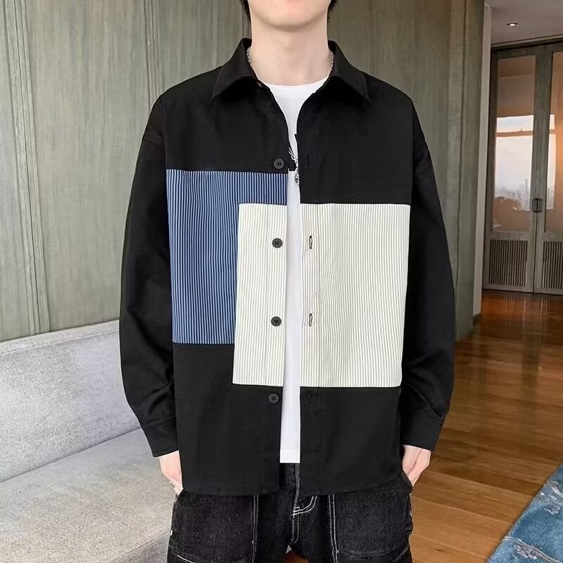 American retro shirt mens long-sleeved spring fashion brand contrast color stitching workwear shirt design sense Ruan Shuai fried street coat Black - Image 4