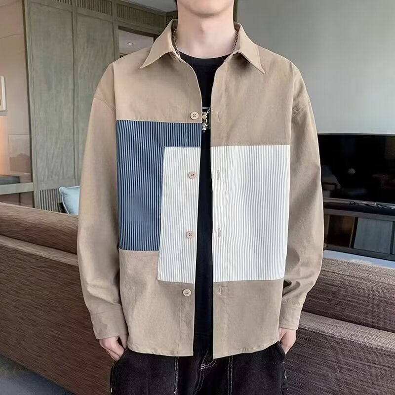 American retro shirt mens long-sleeved spring fashion brand contrast color stitching workwear shirt design sense Ruan Shuai fried street coat Black - Image 3