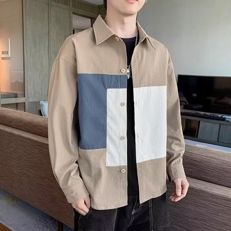 American retro shirt mens long-sleeved spring fashion brand contrast color stitching workwear shirt design sense Ruan Shuai fried street coat Black - Image 5