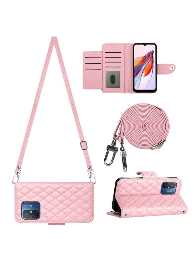 HuHa Case Cover For Xiaomi Redmi 12C / 11A / Poco C55 Rhombic Texture Flip Leather Phone Case with Long Lanyard Pink 