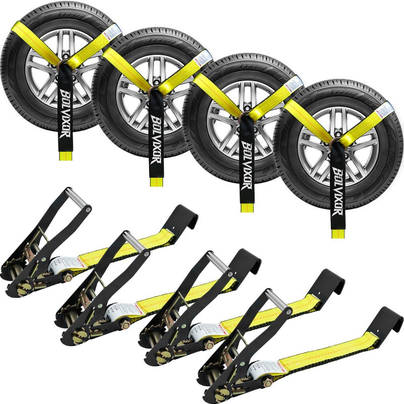 Bolvixor 4 Pack Car Tie Down Straps for Trailers - 2" x 96" - 9900LBS Break Strength - Heavy Duty Tire Ratchet Straps with Flat Hooks for Hauling UTV, SUV, Truck, Any Cars - Image 1