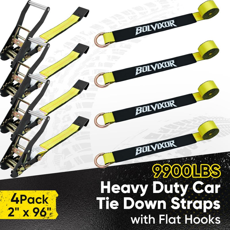 Bolvixor 4 Pack Car Tie Down Straps for Trailers - 2" x 96" - 9900LBS Break Strength - Heavy Duty Tire Ratchet Straps with Flat Hooks for Hauling UTV, SUV, Truck, Any Cars - Image 2