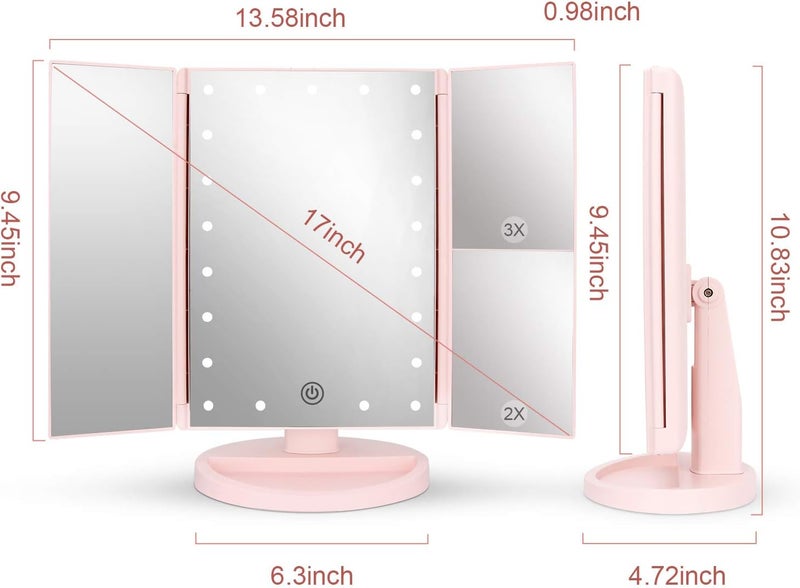 deweisn Tabletop Mount Tri-Fold Lighted Vanity Mirror with 21 LED Lights, Touch Screen and 3X/2X/1X Magnification, Two Power Supply Modes Make Up Mirror,Travel Mirror - Image 2