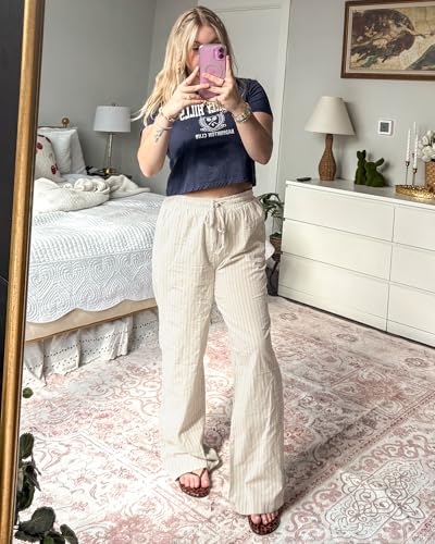 GRAPENT Beige Linen Pants Women Wide Leg Pants for Women Cotton Summer Linen Cotton Womens Wide Leg Beige Blue Stripe Size Medium US 8 to 10 - Image 5