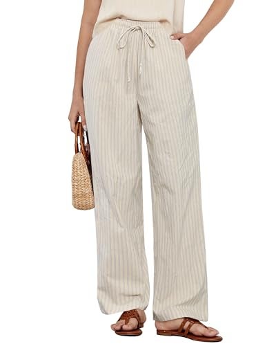 GRAPENT Beige Linen Pants Women Wide Leg Pants for Women Cotton Summer Linen Cotton Womens Wide Leg Beige Blue Stripe Size Medium US 8 to 10 - Image 1