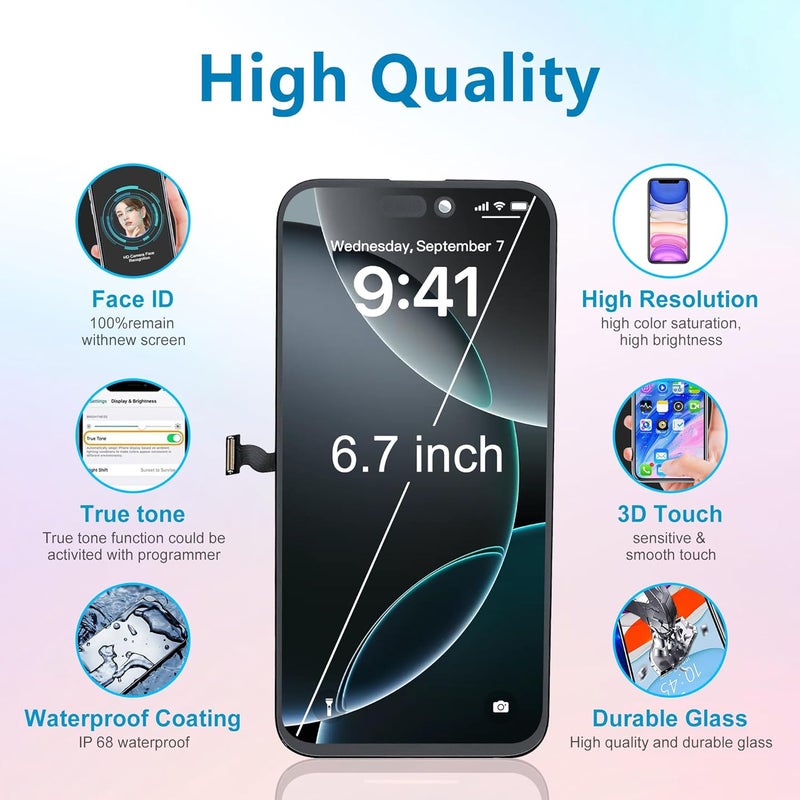 BHMBKCT طقم استبدال شاشة آيفون 14 برو ماكس - شاشة LCD كاملة FHD مع شاشة لمس 3D وأدوات إصلاح - متوافق مع الطراز A2892، A2893، A2894، A2895 (6.7 بوصة) - أسود - Image 4