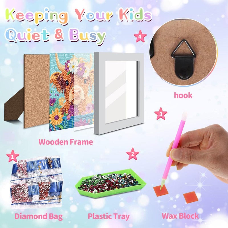 xackcme Highland Cow Diamond Art Painting Kits for Kids with Frame, Cow Diamond Art for Kids Ages 4-8-12, Easy Kid Animal Gem Painting Kit with Beautiful Package for Gift Home Wall Decor (7x7 inch) - Image 2