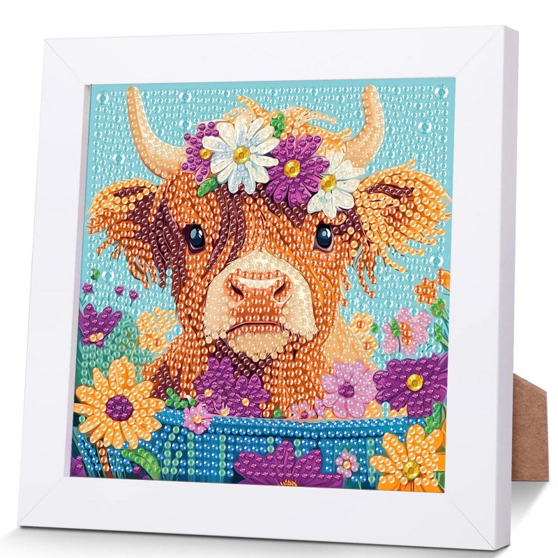 xackcme Highland Cow Diamond Art Painting Kits for Kids with Frame, Cow Diamond Art for Kids Ages 4-8-12, Easy Kid Animal Gem Painting Kit with Beautiful Package for Gift Home Wall Decor (7x7 inch) - Image 1