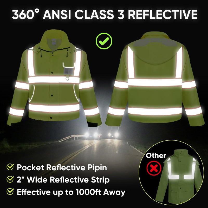 TICONN Reflective Rain Jacket Safety Jacket, Waterproof Hi Vis Rain Coat, Class III High Visibility Coat - Image 3