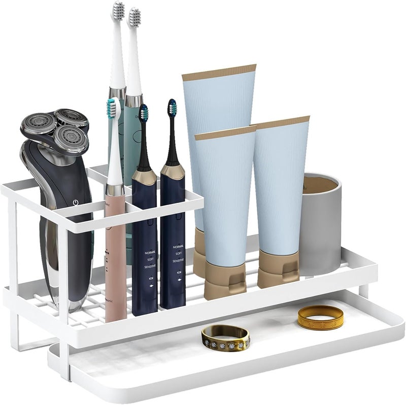 QUELIEN Toothbrush Holders for Bathroom,Carbon Steel Bathroom Organizer Countertopr for Electric Toothbrush,Toothpaste and Razors-Which is Perfect for Countertop Storage,Shower,Sink (White) - Image 1