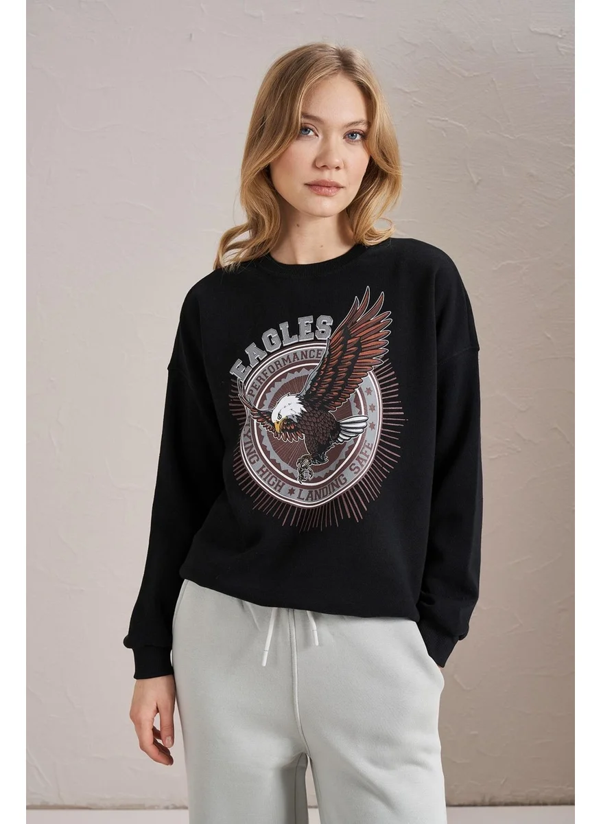 Tena Women's Black Crew Neck Eagles Printed Three Thread Basic Sweatshirt