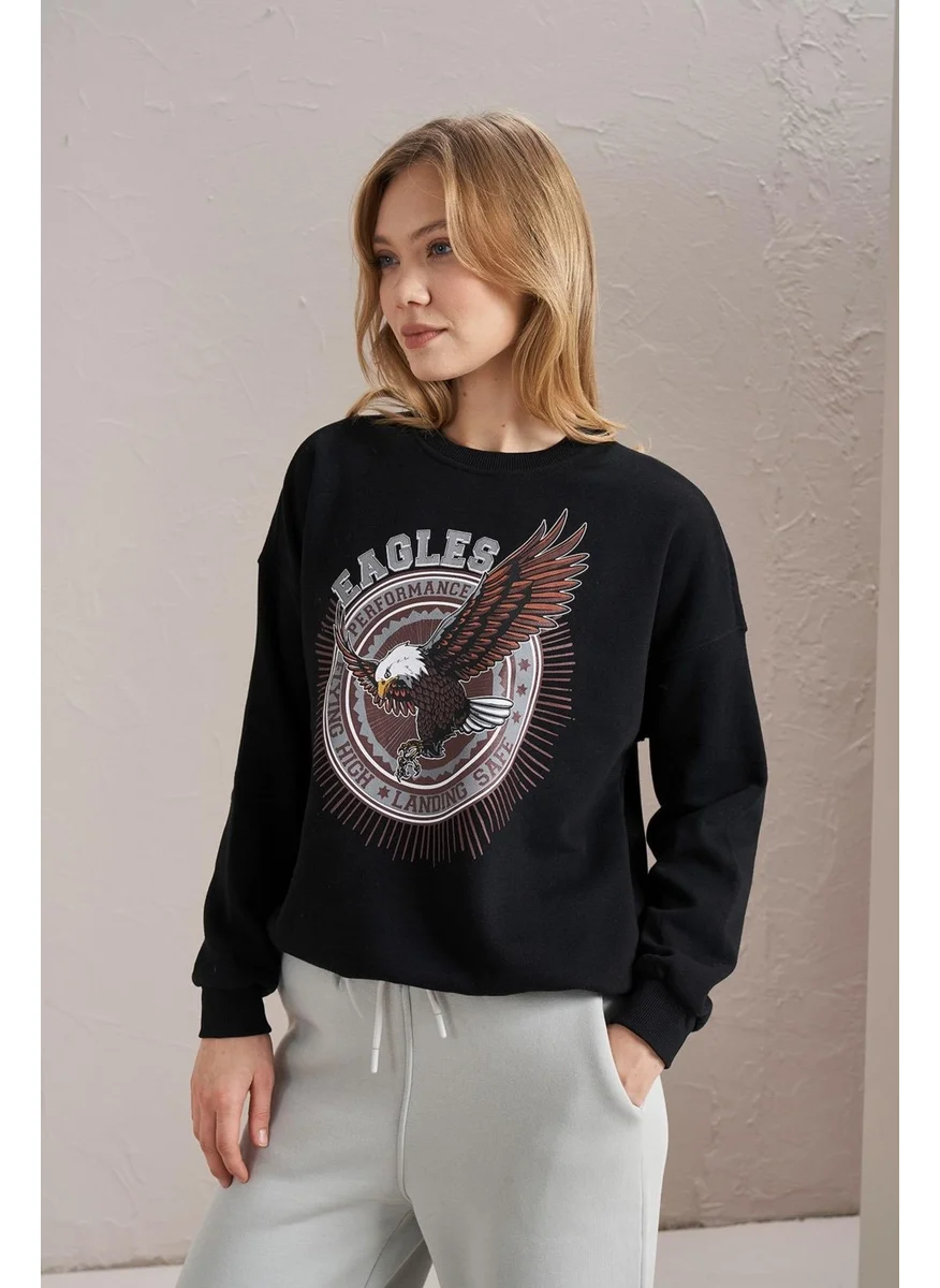 Tena Women's Black Crew Neck Eagles Printed Three Thread Basic Sweatshirt