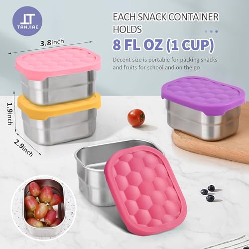 Tanjiae 4Pack Small (1 CUP) 8oz Stainless Steel Snack Containers for Kids | Reusable Easy Open Toddler Snack Containers with Silicone Lids | Stackable Toddler Lunch Box for Daycare, School and Travel - Image 4